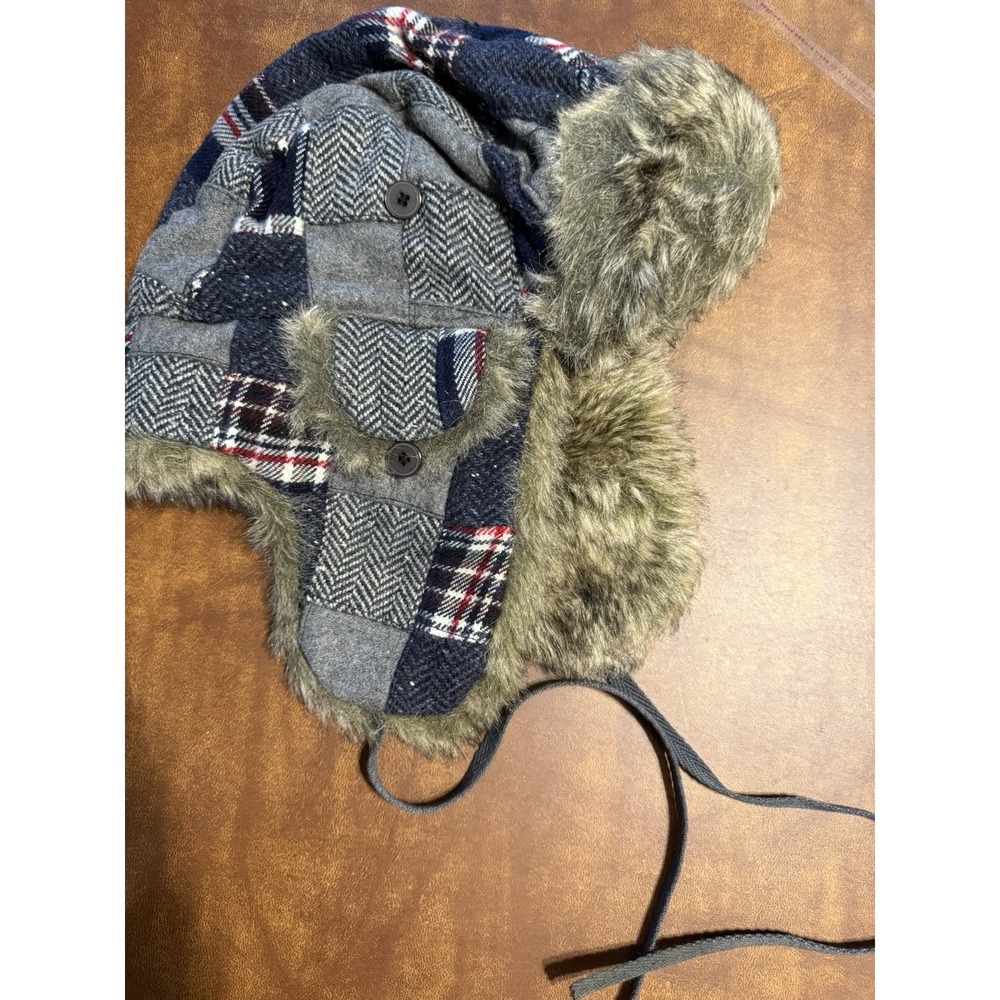 American Eagle Trapper Hat Blue Plaid Faux Fur Size‎ S/M